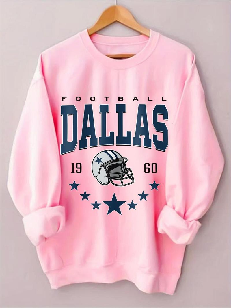 Product Introduction of Women's Vintage Dallas Football Crew Neck Sweatshirt, Casual Letter & Star Print Long Sleeve Pullover for Fall & Winter, Women's Clothes for Daily Wear 5