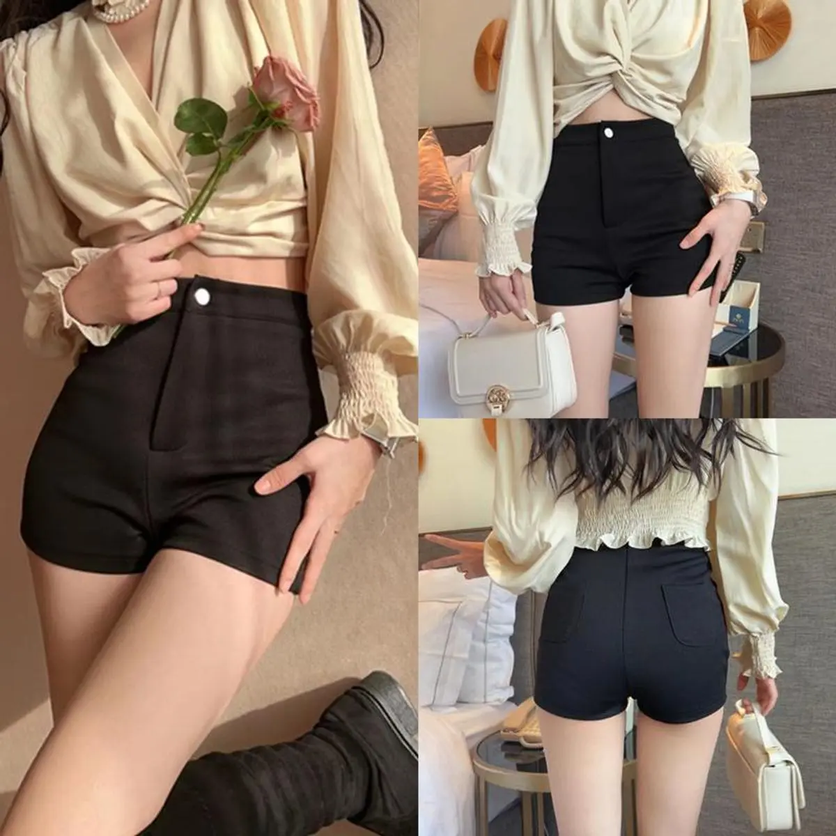 Quần Đùi cạp cao nữ chất vải co giãn tôn dáng khuy cài có 2 túi sau Quần short nữ lưng cao kiểu dáng mặc ở nhà thể thao tập gym Ôm gọn Trơn Màu đen Pants Tua Rua Women Umi quan ngan nu