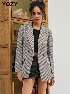 YOZY Gingham Print Lapel Blazer, Casual Long Sleeve Double Button Suit for All Seasons, 2024 Women's Outerwear for Daily Wear