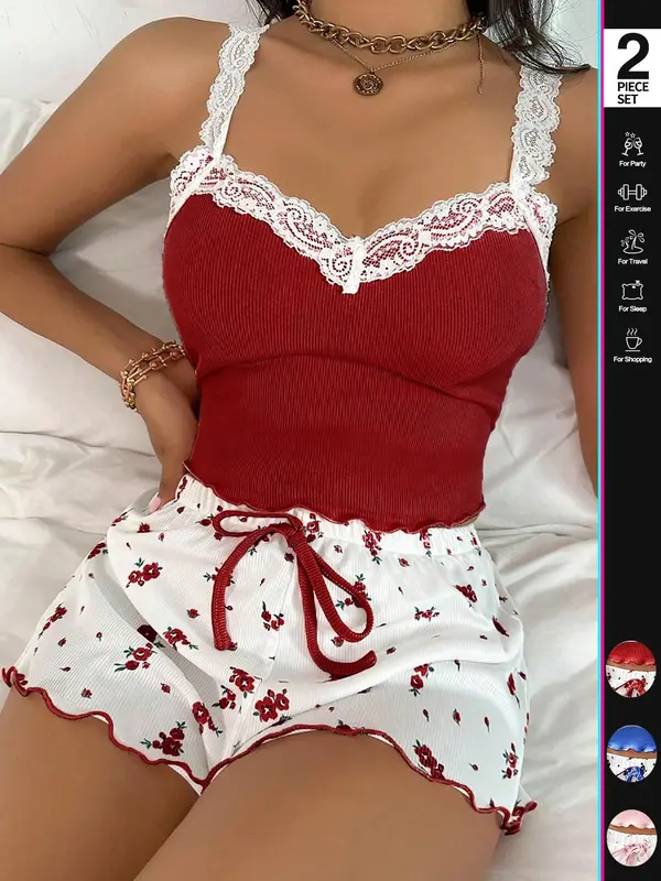 Women's Crop Tank Top & Floral Print Bow Front Shorts Pyjama Two-Piece Set, Casual Comfy Lace Trim Sleeveless Top & Shorts Set, Ladies Sleepwear for All Seasons, Loungewear 6