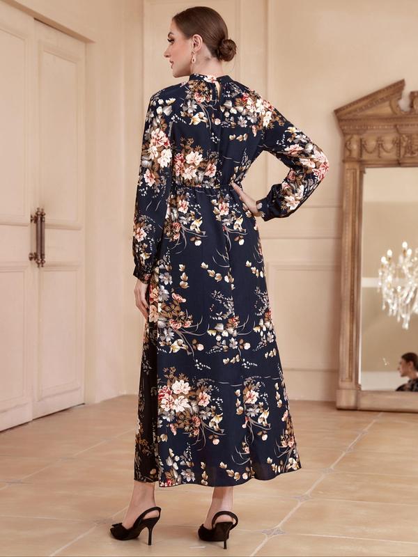 Women's Floral Print Bishop Long Sleeve Mock Neck A-line Long Dress, Boho Flared Dresses, Summer Outfits 2024, Lady's Spring & Autumn Clothes 5