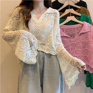 Lightweight Sun Protection Top for Women, Spring and Summer Short Cover-Up, Loose Design with Bell Sleeves and Hollow Knitwear