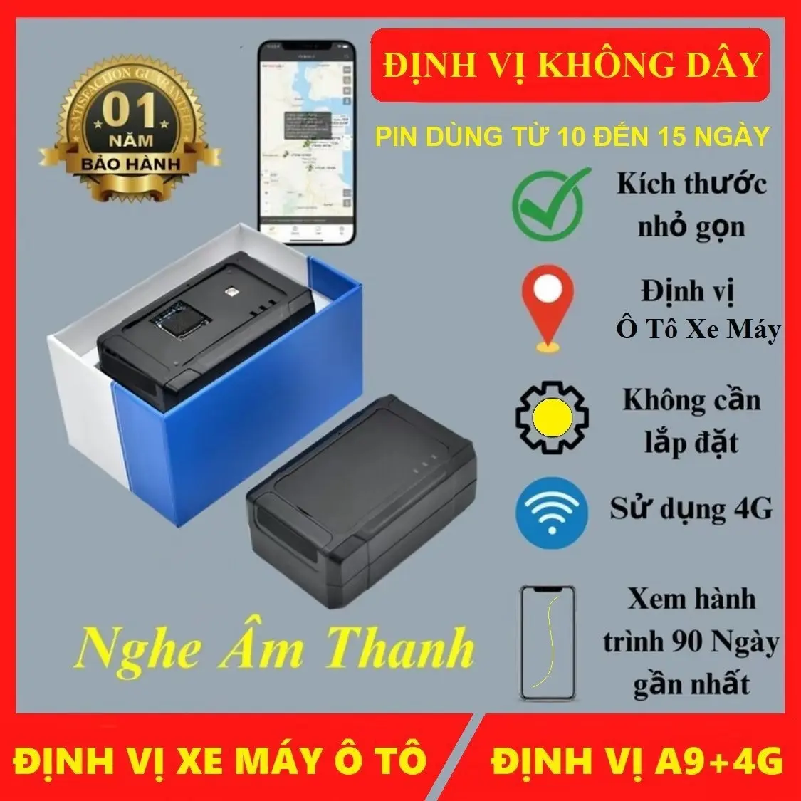Thiết Bị Định Vị Không Dây Pin Từ 10 Đến 15 Ngày Giúp Định Vị Xe, Xem Lại Lộ Trình Xe 90 Ngày Gần Nhất, Nghe Âm Thanh Xung Quanh Gps