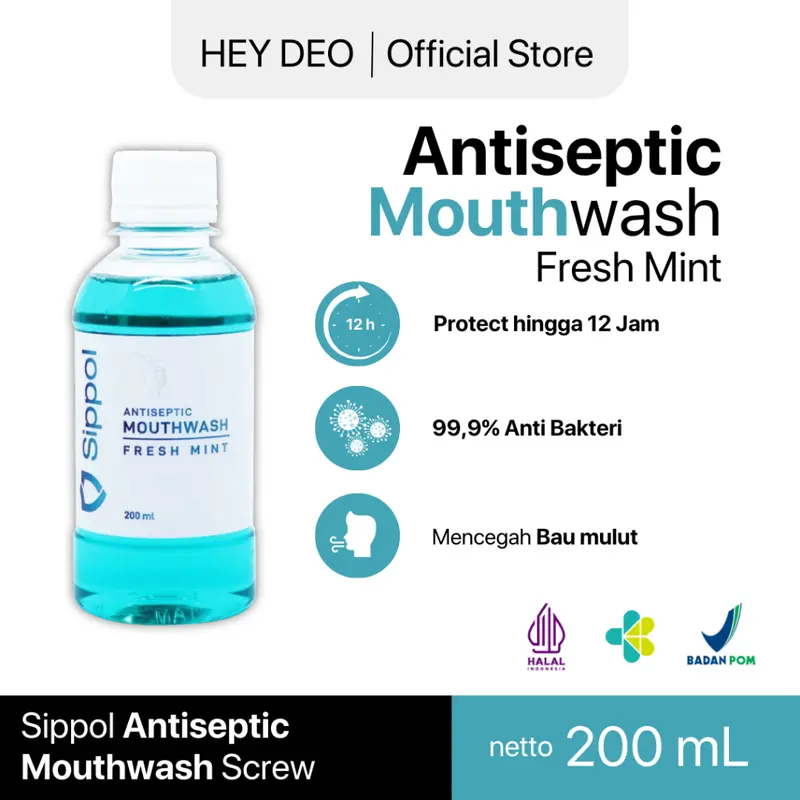 SIPPOL ANTISEPTIC MOUTHWASH SCREW 200 ML [MINT] / OBAT KUMUR ANTISEPTIK PENCEGAH BAKTERI PLAK GIGI BERLUBANG PENGHILANG BAU MULUT - HEY DEO.ID 2