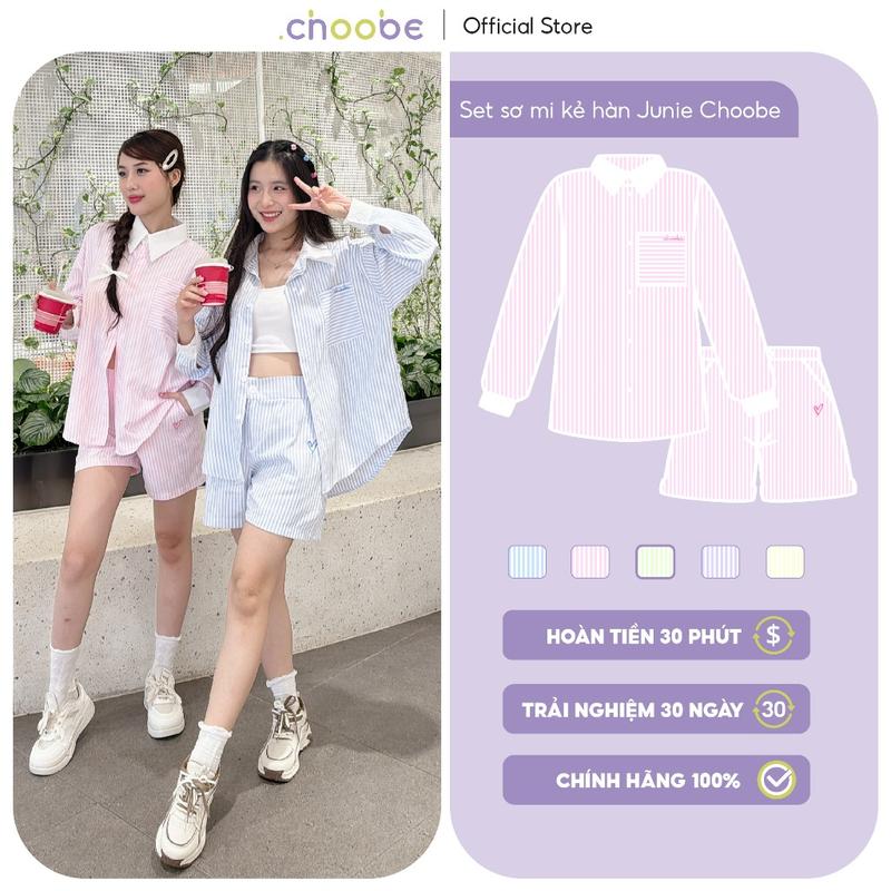 Set bộ quần áo sơ mi kẻ Hàn Junie Choobe dáng rộng ASM08+QSM08 Nữ Women