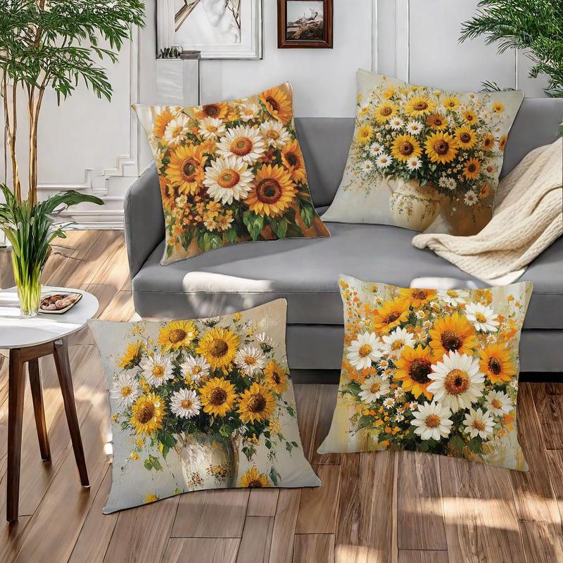 Sunflower Pattern Cushion Cover, 4 Counts/set Square Throw Pillow Cover, Household Decoration Supplies for Home Living Room Bedroom 5