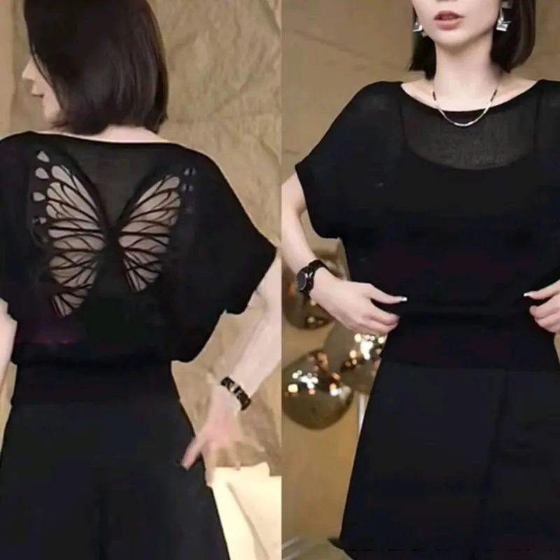 Hàng nhập - Áo len nữ dệt kim tay ngắn cánh dơi, áo kiểu Quảng Châu họa tiết bướm sau lưng Top Women 3