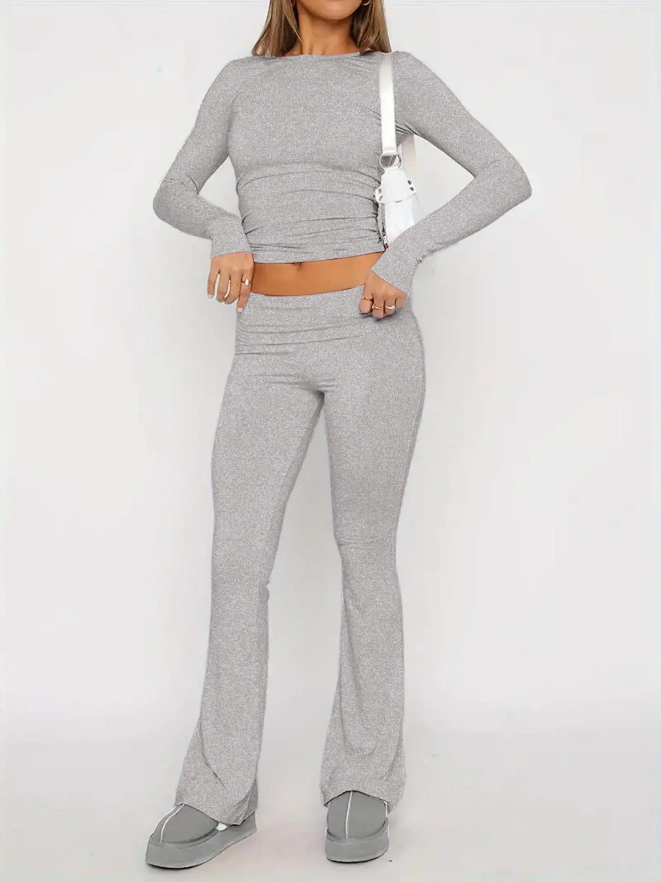 Women's Solid Long Sleeve Tee & Flare Leg Pants Set, Casual Round Neck Top & Bell Bottom Trousers Loungewear Set, Ladies Sleepwear for All Seasons, Pajamas, Perfect Matching