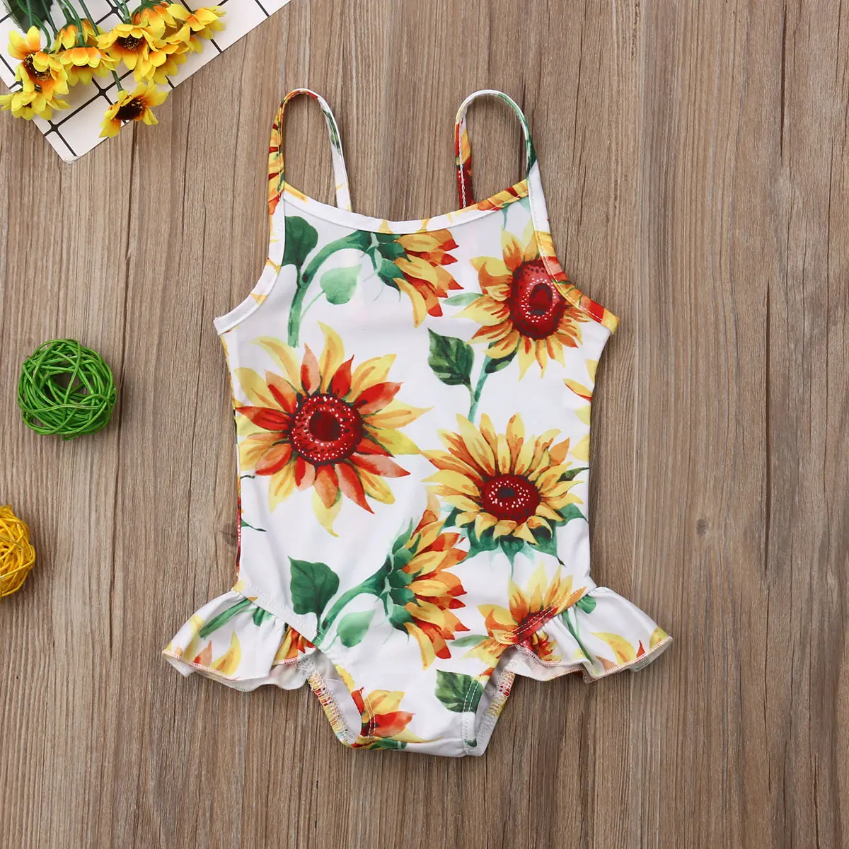Infant Baby Girls Summer One Pieces Swimsuit Sleeveless Sling Sunflower Print Ruffle Beachwear 0 6 12 18 24 Months