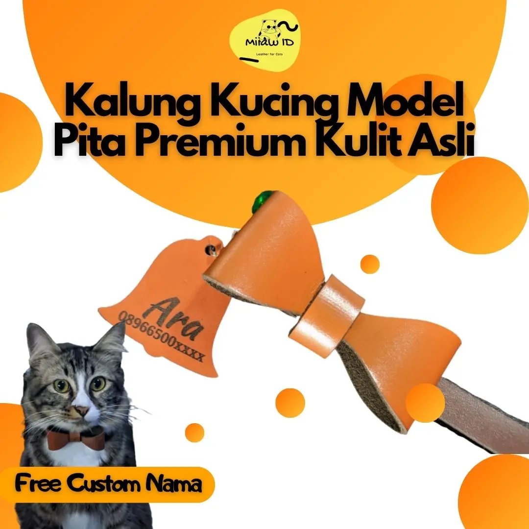 Miiaw ID Kalung Kucing Pita Custom Nama Kulit Asli Premium Quality