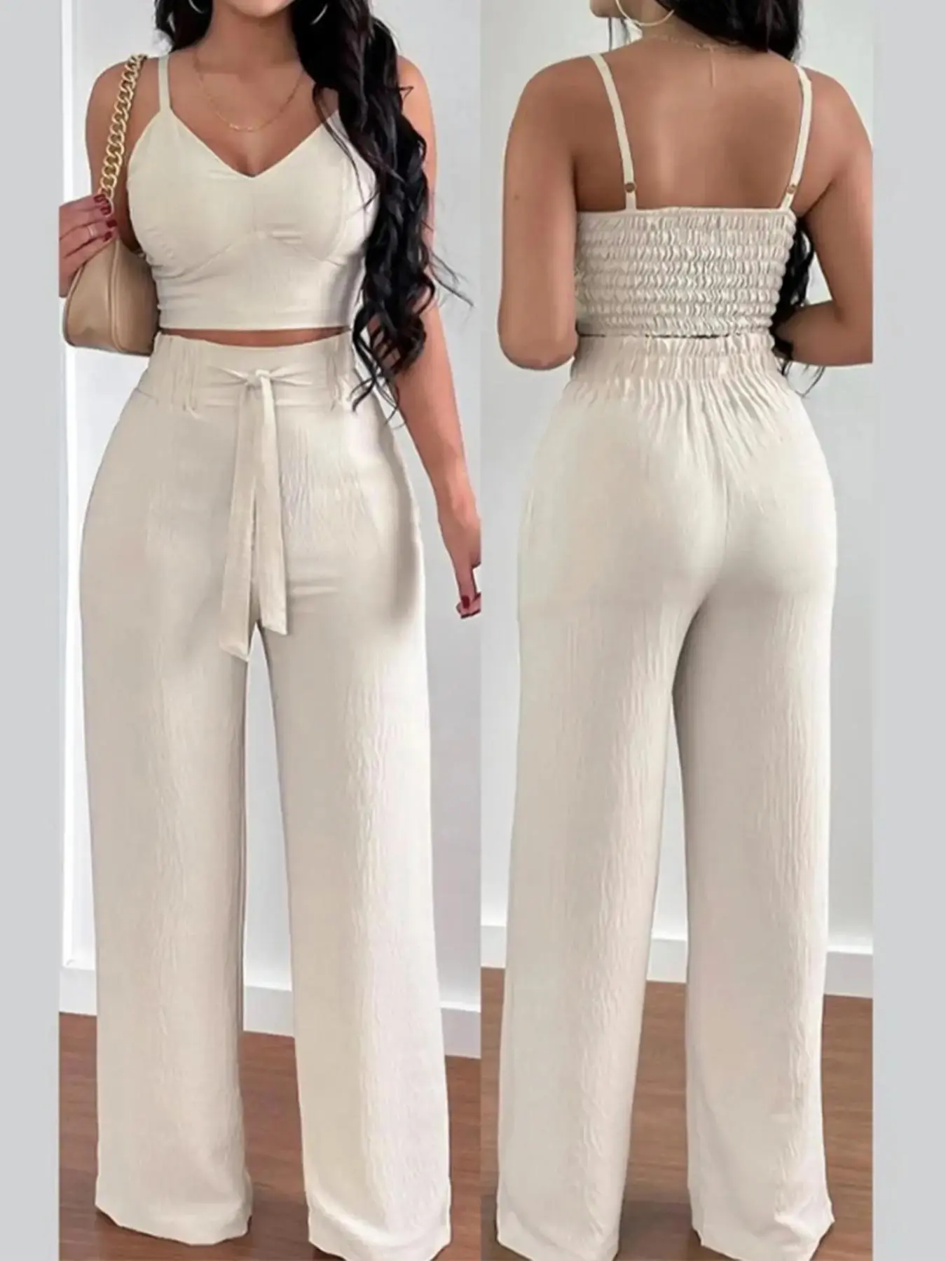 Women's Solid Shirred Crop Cami Top & Tie Front Wide Leg Pants Two-piece Set, Casual Fashion Cozy Two Piece Outfits for Daily Outdoor Wear, Winter Set Clothes Women, Co-ords Set, Modest Outfits