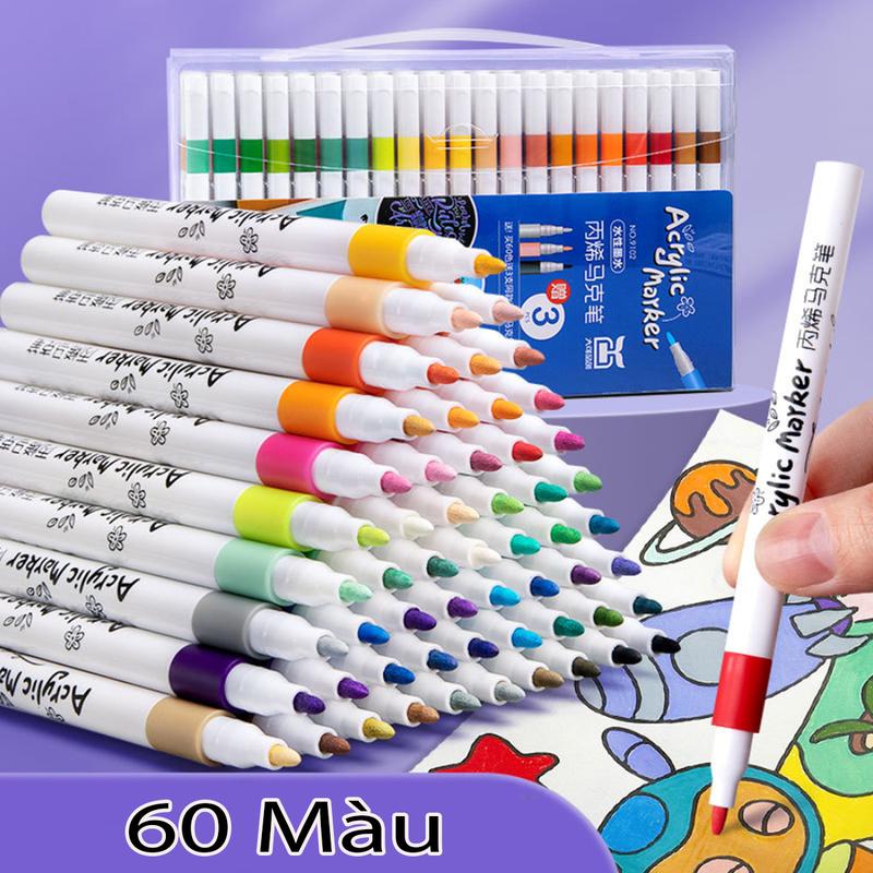  Bút Màu Acrylic Marker Hộp 60 Màu Cao Cấp Chống Thấm Nước Vẽ Lên Được Nhiều Chất Liệu Không Lem Không Thấm Giấy Màu Sắc Tươi Sáng 
