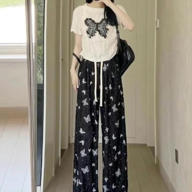 Quần xuông đính đá rách tạo kiểu , hoạ tiết in 3d hình bướm mềm , mát, nhẹ xinh