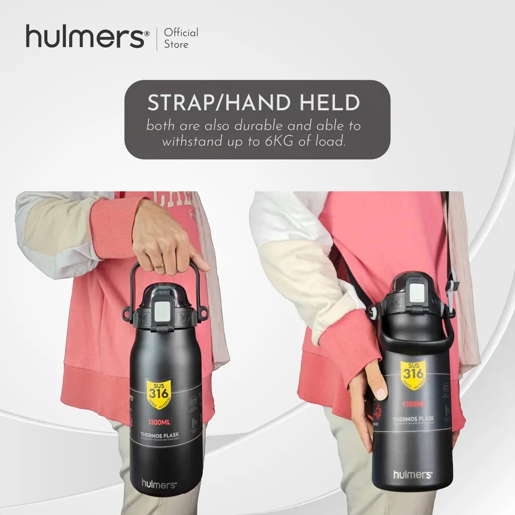 Hulmers - 1.3L Stainless Steel 316 Thermos Flask With Strap Vacuum Flask With Straw Drinkware Indoor Lid Mug Tumbler Water Bottles Bottled Portable