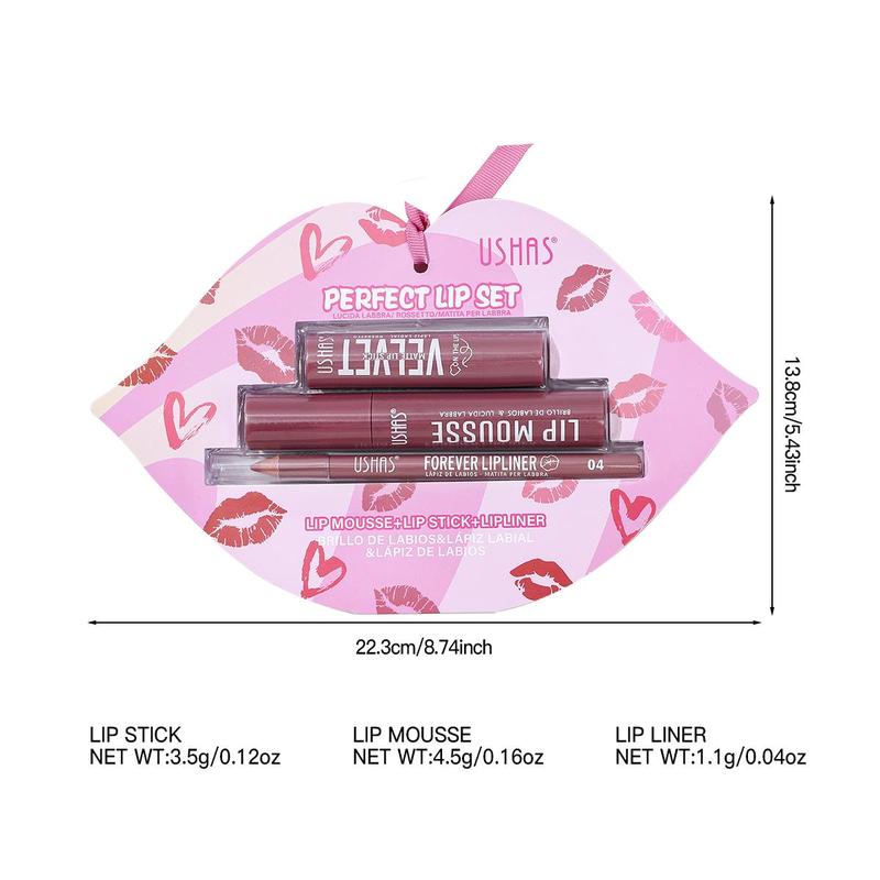Product Introduction of Long Lasting Lip Makeup Set, 3 Counts/set Lipstick & Lip Gloss & Lip Liner, Moisturizing Lip Makeup Kit, Suitable for Daily Makeup, Valentine's Day Gift, Makeup Products 1