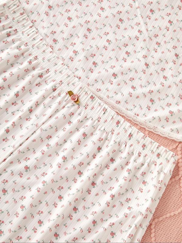 Plus Size Ditsy Floral Print Cami Top & Elastic Waist Shorts Pyjama Two-Piece Set, Elegant Comfy Loungewear Set for Women, Women's Sleepwear for All Seasons 3