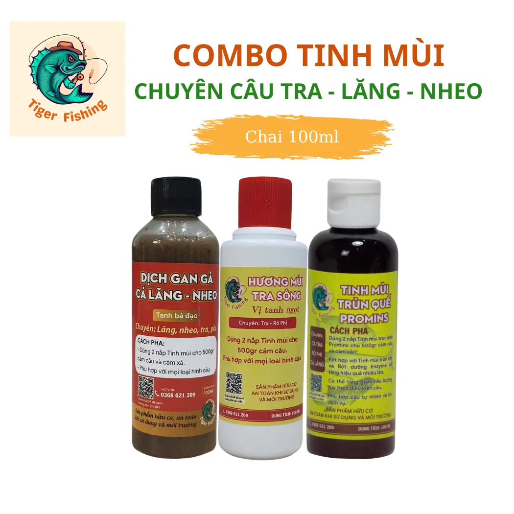 Combo Tinh Mùi Câu Cá Tra Sông Tiger Fishing Siêu Nhậy Siêu Cuốn Ổ Trùn Quế Chai 100ml Hương Mùi Tra Sông Chai 100ml Dịch Gan Gà Chai 100ml