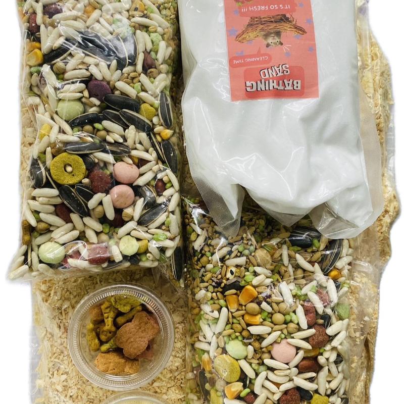 Combo Siêu Tiết Kiệm 7 Món : Lót Chuồng Cát Tắm 2 Đồ Ăn Tổng Hợp,2 Đồ ăn dinh dưỡng Bánh mài răng