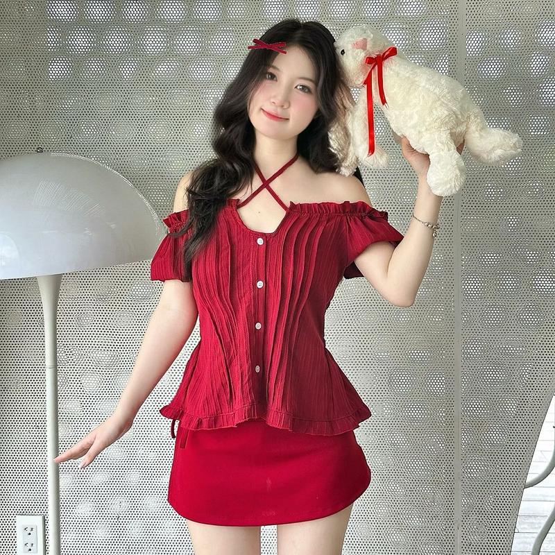[MỚI] Áo Babydoll Sơ Mi HANA Nhà Cá nè - Form Ôm Chun Lưng Tay Ngắn Phồng xếp li trễ vai phong cách Nữ - Women, đồ diện Tết 2025