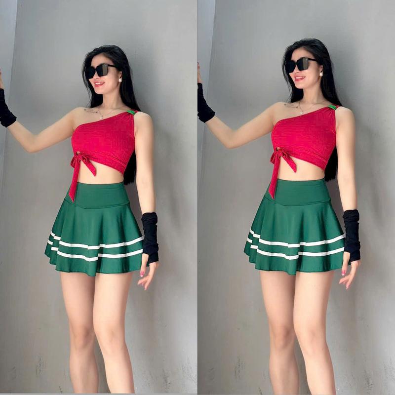 Set bộ váy 2 lớp kết hợp áo lệch vai nơ tập aerobic gym zumba dân vũ kèm mút đệm - mã NOEL