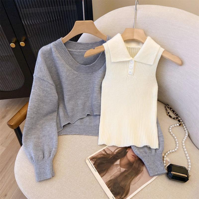 Bộ Đồ Hai Mảnh Lười Biếng, Áo Len Và Áo Polo, Phong Cách Thu Đông, Phong Cách Trẻ Trung 2024, Phong Cách Preppy, Dệt Kim, Thiết Kế Đặc Biệt, Thích Hợp Cho Nữ Women Top Tre Màu Đỏ 4