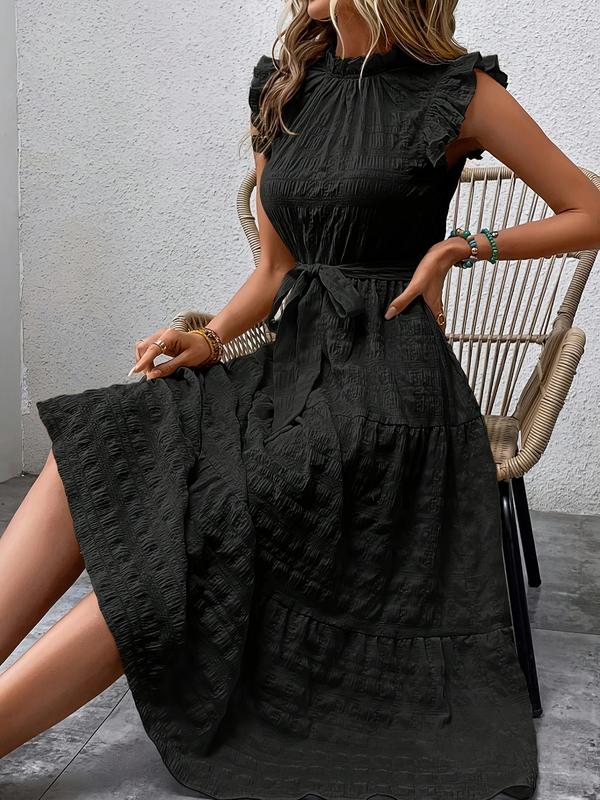 Plain Belted Ruffle Hem Frill Trim Keyhole Neckline Butterfly Sleeve Dress, Boho Cap Sleeve A Line Long Dress for Beach Holiday Vacation, Ladies Summer Clothes 3