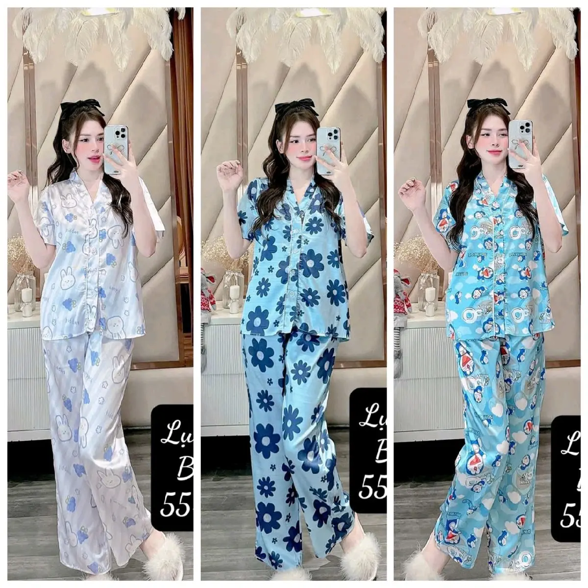 Bigsize 55/75kg lụa Latin tơ tằm cổ V/Y nhiều họa tiết mịn mát đồ mặc nhà thoáng mát Women Nữ Voi Nhung