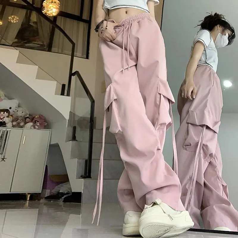OOTD Lotus Root Pink Overalls Women Lisa Same Short Jazz Dance Pants Sports Tactical Pants Summer Thin Straight Casual Pants