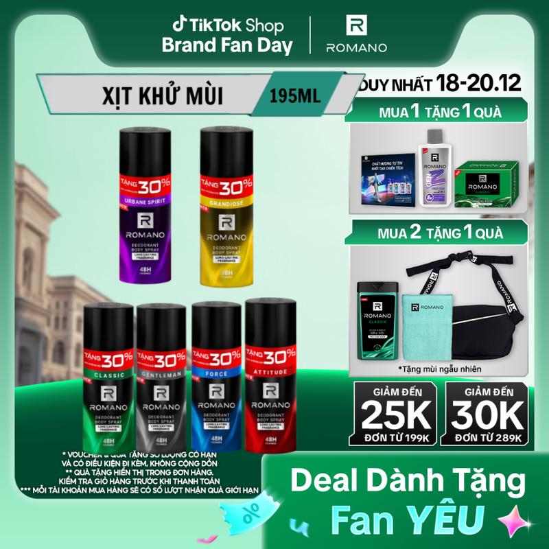 THÊM 30% GIÁ KHÔNG ĐỔI Xịt khử mùi toàn thân ngăn mồ và mùi cơ thể Dưỡng Body cho nam Romano Attitude Gentleman Force Classic