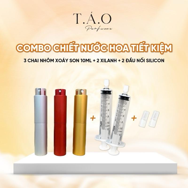 Combo 3 vỏ chai nhôm XOÁY SON 10ml kèm theo xilanh và đầu nối silicon cho vòi to - Dụng cụ chiết nước hoa đủ bộ