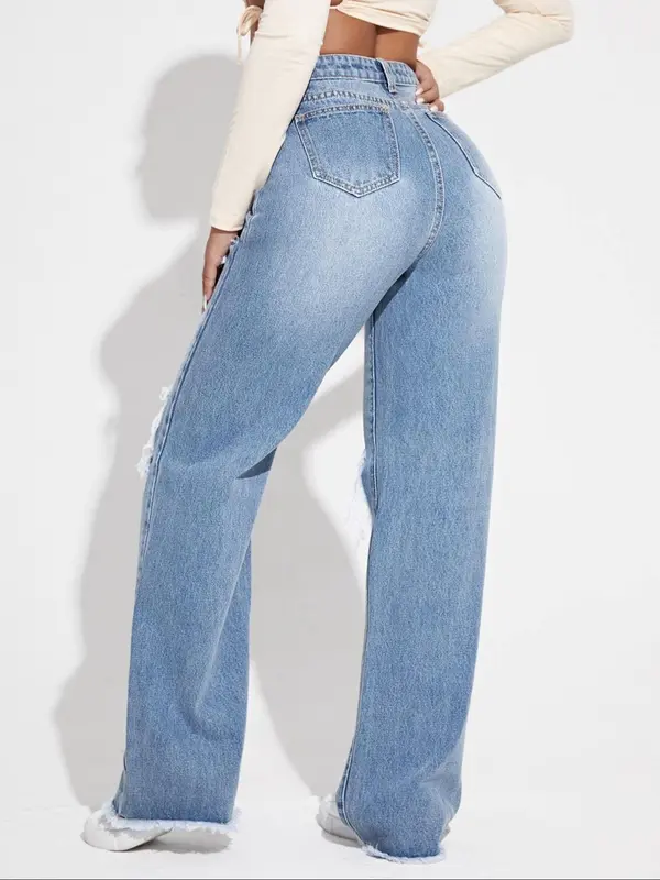 Women's Ripped Jeans, Casual Comfy Button Pocket Denim Trousers for Summer, Fashion Women's Bottoms for Daily Wear 8