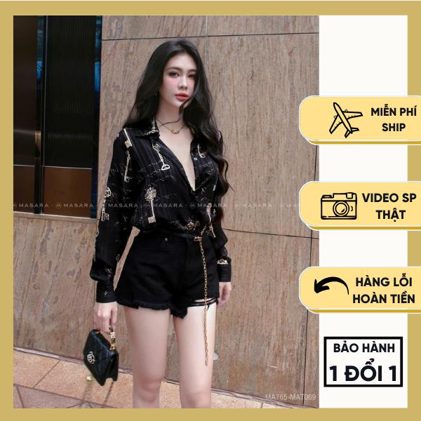 Áo sơ mi nữ lụa nhũ hoạ tiết chìa khoá vàng 0