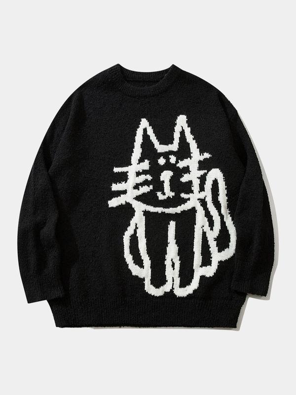 Men's Cartoon Cat Print Drop Shoulder Sweater, Loose Casual Long Sleeve Round Neck Jumper for Fall & Winter, Knitting Tops, Sweater for Women, Valentine's Day Gift for Men, Men's Knitwear for Daily Wear, Weekend Sweater 2