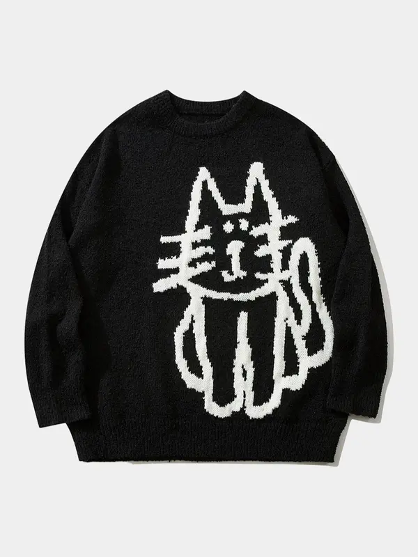 Men's Cartoon Cat Print Drop Shoulder Sweater, Loose Casual Long Sleeve Round Neck Jumper for Fall & Winter, Knitting Tops, Sweater for Women, Valentine's Day Gift for Men, Men's Knitwear for Daily Wear, Weekend Sweater 2