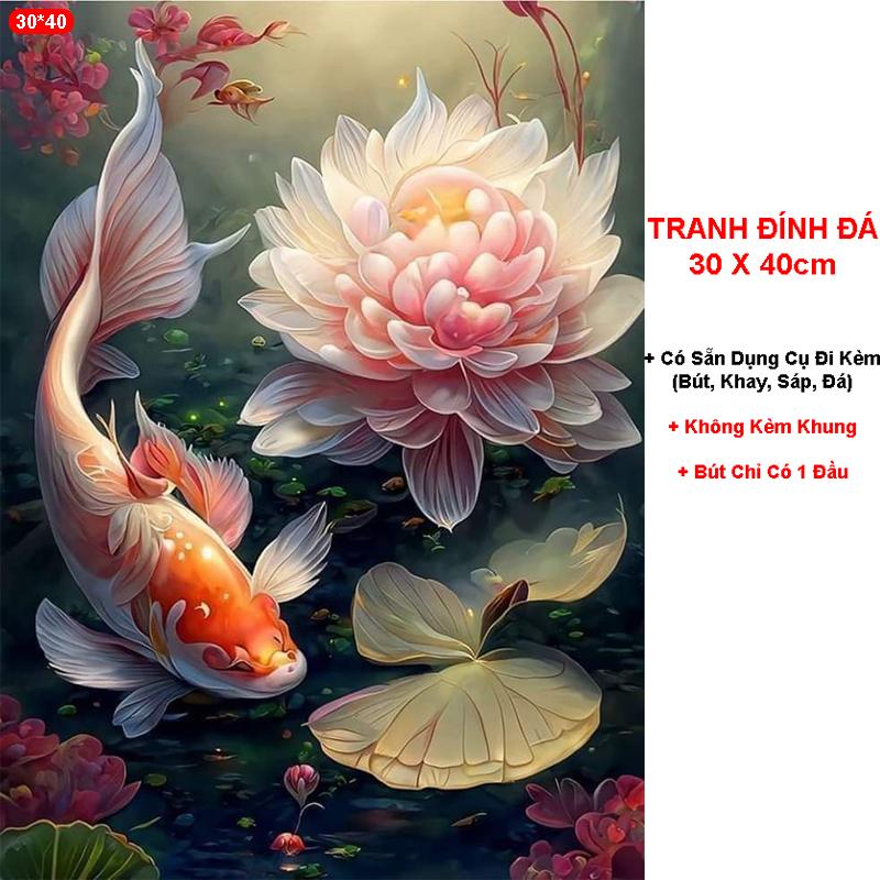   Cá Chép  Tranh Về Cá - Tranh Đính Đá 5D Tự Hoàn Thành Kích Thước 40x30cm - Tranh Gắn Đá DIY 