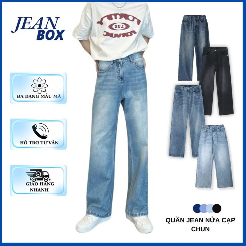 Quần Jean ống suông nam nữ JEAN BOX 95 cạp nửa chun mặc thoải mái Menswear Pants Có Túi 0
