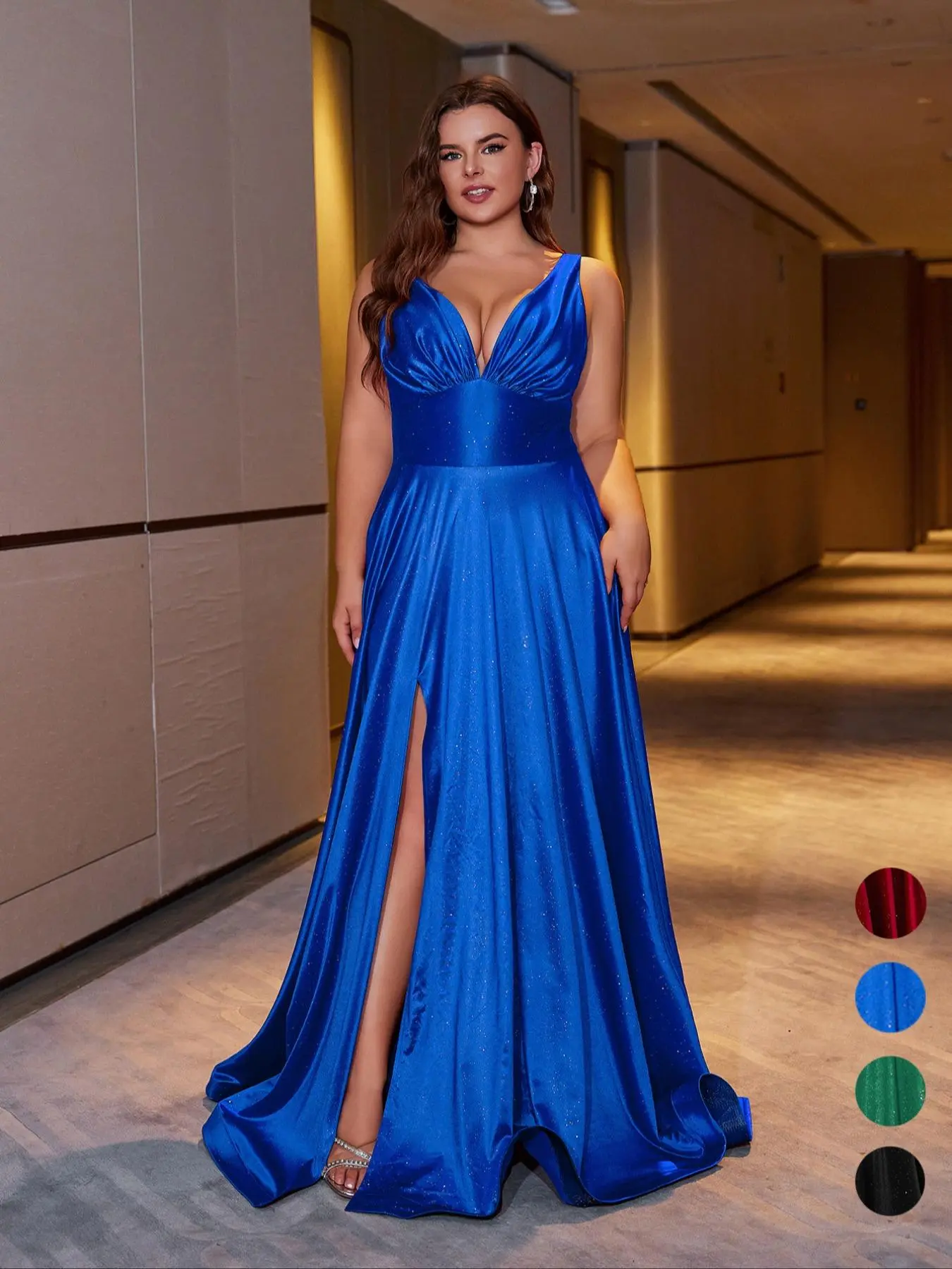 【Plus Size】 Glitter Sequins Ruched Backless Split Thigh Satin Evening Dress, Elegant Deep V Neck Sleeveless Maxi Dress for Party & Banquet, Christmas Party Dress, Women's Clothes for All Seasons, Christmas Party Dress