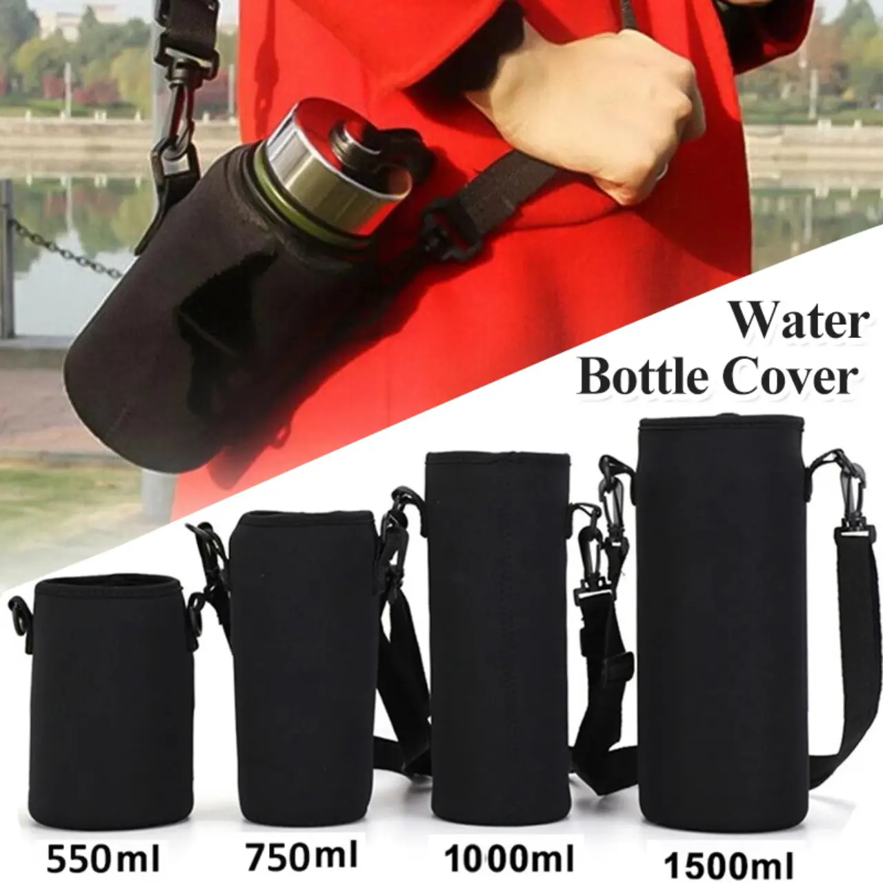 (COD)Water Bottle Carrier Insulated Cover Bag Holder Strap Insulated with Travel Strap Black Bottle Carrier Cup Drinkware Kids Plastic Steel Washable