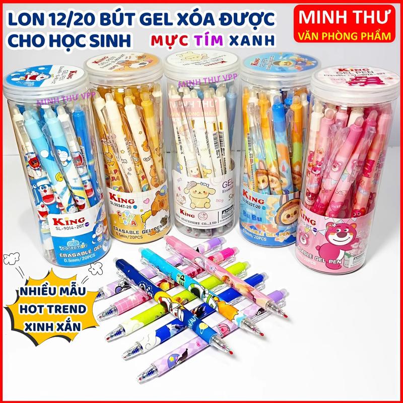 Lon 20 Bút Gel Bấm Xóa Được Ngòi 0.5mm Mực Xanh Tím Nét Đậm Đều Không Tắc Mực Bút Bi Bấm Bôi Xóa Được Cho Học Sinh (Giao Mẫu Ngẫu Nhiên Bé Trai Và Bé Gái)