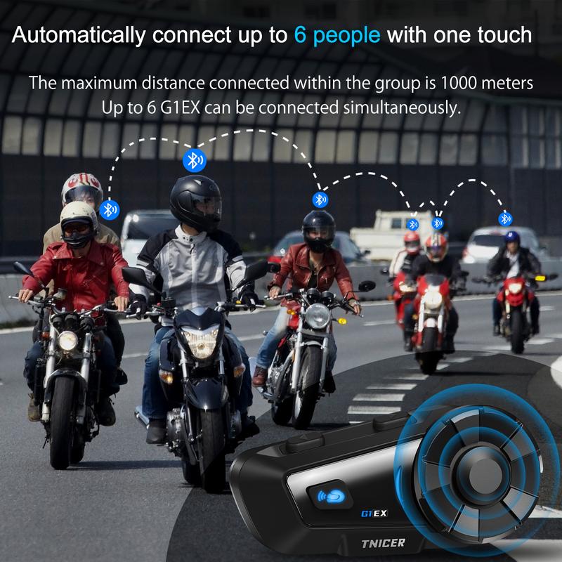 Helmet Motosikal, Tnicer g1ex, Alat dengar Bluetooth, Interkom 6 Orang, Perkongsian Muzik, FM, Hitam 1