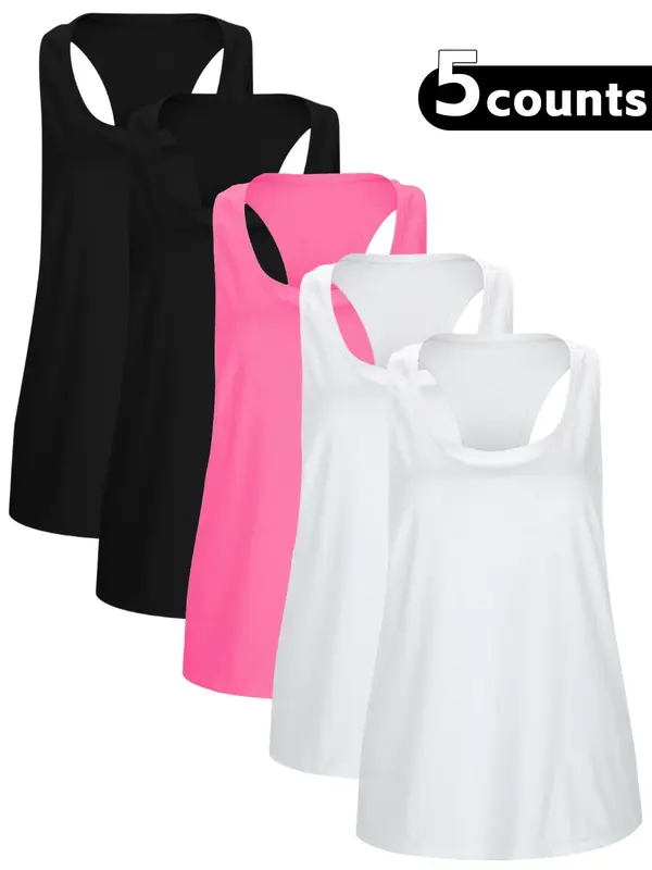 Women's Solid U Neck Racerback Sports Vest, Sporty Comfy Breathable Tank Top for Indoor Outdoor Wear, Ladies Sportswear for Yoga Gym Workout, Workout Sets Women 6