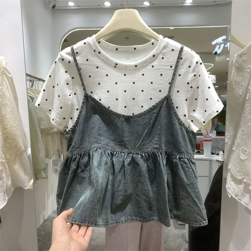 Áo Sơ Mi Denim Hai Dây Tiệc Trà Kiểu Pháp, Bộ Hai Mảnh, Dành Cho Nữ, Hàng Mới Về Mùa Hè 2024, Phong Cách Hồng Kông, Cổ Điển, Áo Phông Mỏng, Áo Sơ Mi Búp Bê