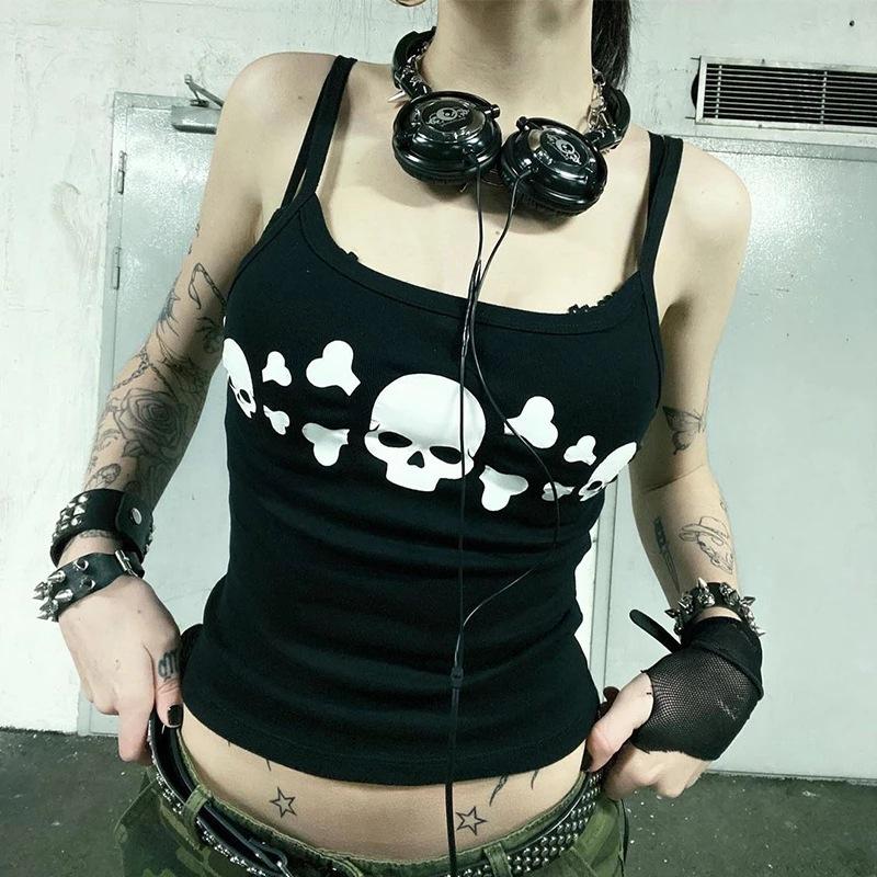 Áo Ba Lỗ Goth Cho Nữ, In Hình Đầu Lâu Cổ Điển Hở Lưng, Áo Hai Dây cổ xẻ Sâu, Áo Sơ Mi Ôm Sát Không Tay Grunge, Thời Trang Đường Phố Women Top 0