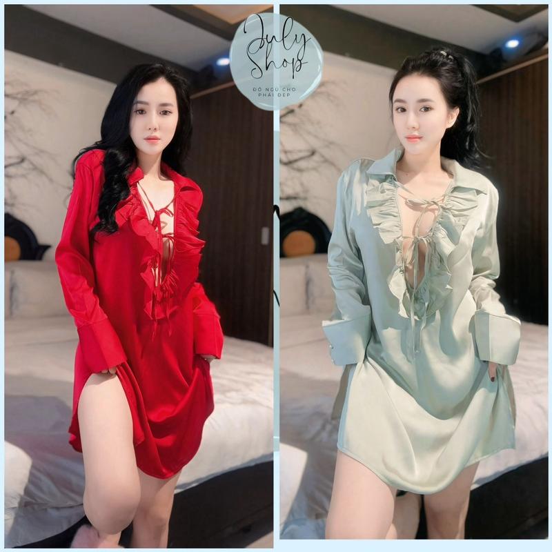 Đầm Ngủ Váy Ngủ Sơmi Bigsize JULY Cổ Bèo Cột Nơ Xẻ Tà Chất Lụa Latin Freesize <65kg