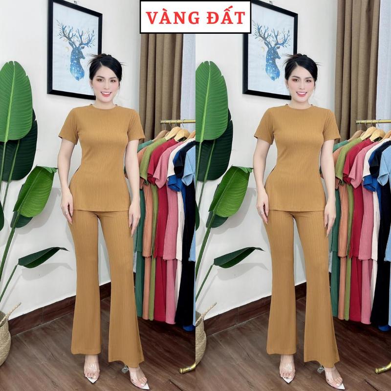 S18 Set bộ áo cổ tròn tay ngắn xẻ tà Store Phương Linh quần óng loe chất len sọc dày dặn đủ size S, M, L, XL, XXL phù cho các dịp thông thường Có thể giặt bằng máy 7