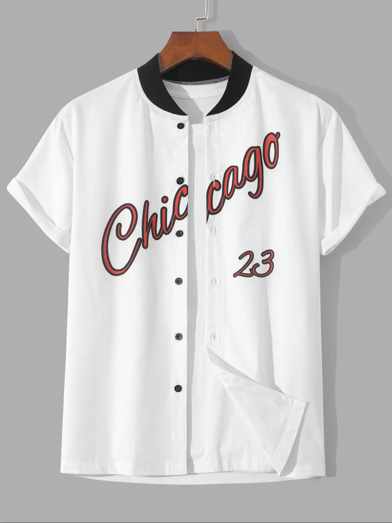 Men's Chicago Letter Print Short Sleeve Shirt, Regular Fit Casual Fashion Comfy Baseball Collar T-shirt for Summer, Men's Top for Daily Wear
