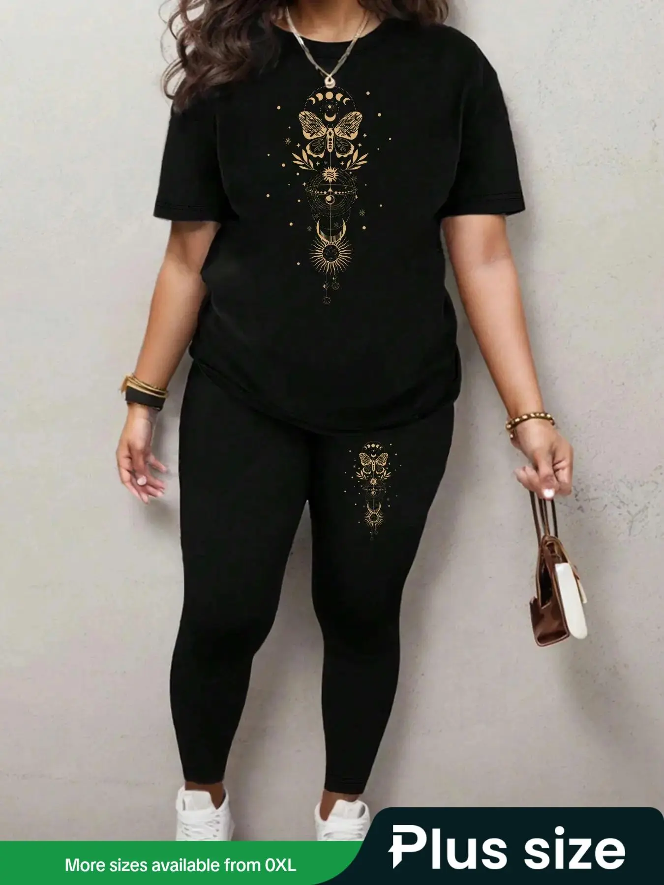 【Plus Size】 Two-Piece Set Butterfly Print Tee & Skinny Pants, Casual Round Neck Short Sleeve T-shirt & Leggings, Women's Spring & Fall Outfits