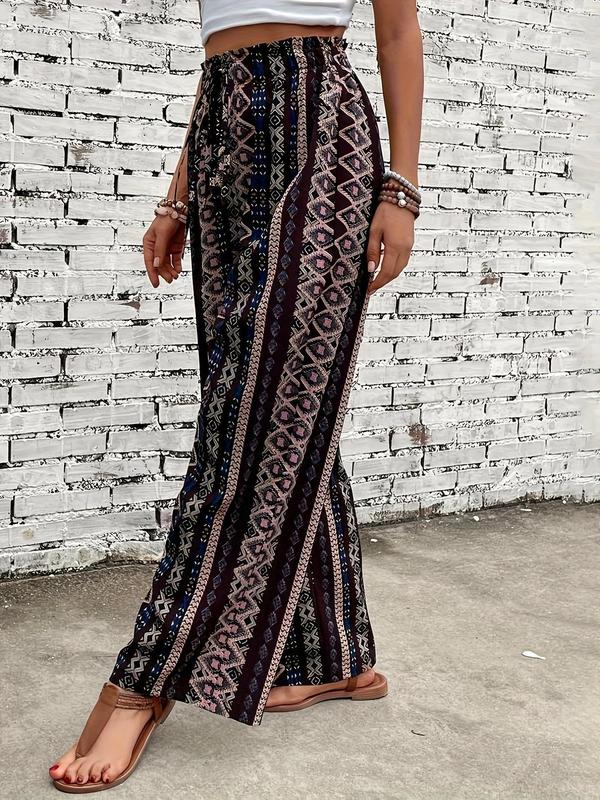 Women's Ethnic Pattern Drawstring Waist Pants, Boho Frill Trim High Waist Straight Leg Trousers for Spring & Fall, Ladies Bottoms for Daily Wear 2