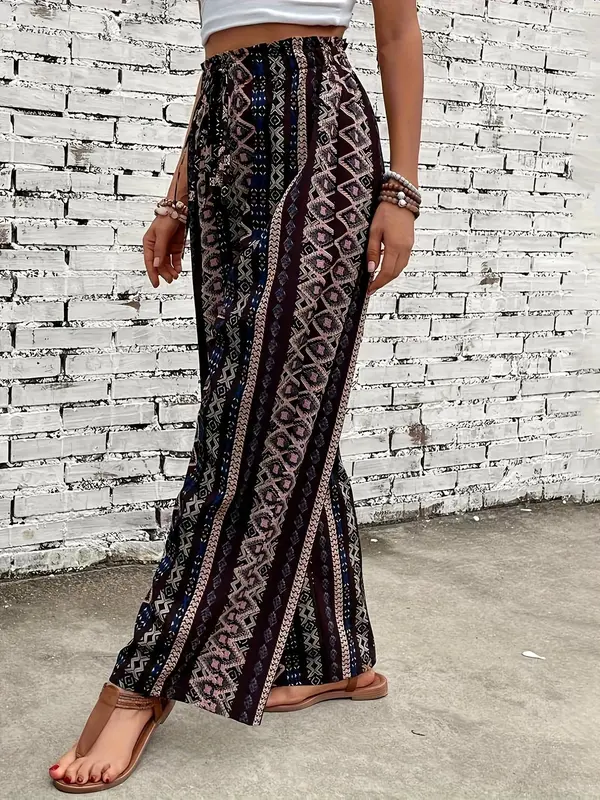 Women's Ethnic Pattern Drawstring Waist Pants, Boho Frill Trim High Waist Straight Leg Trousers for Spring & Fall, Ladies Bottoms for Daily Wear 2