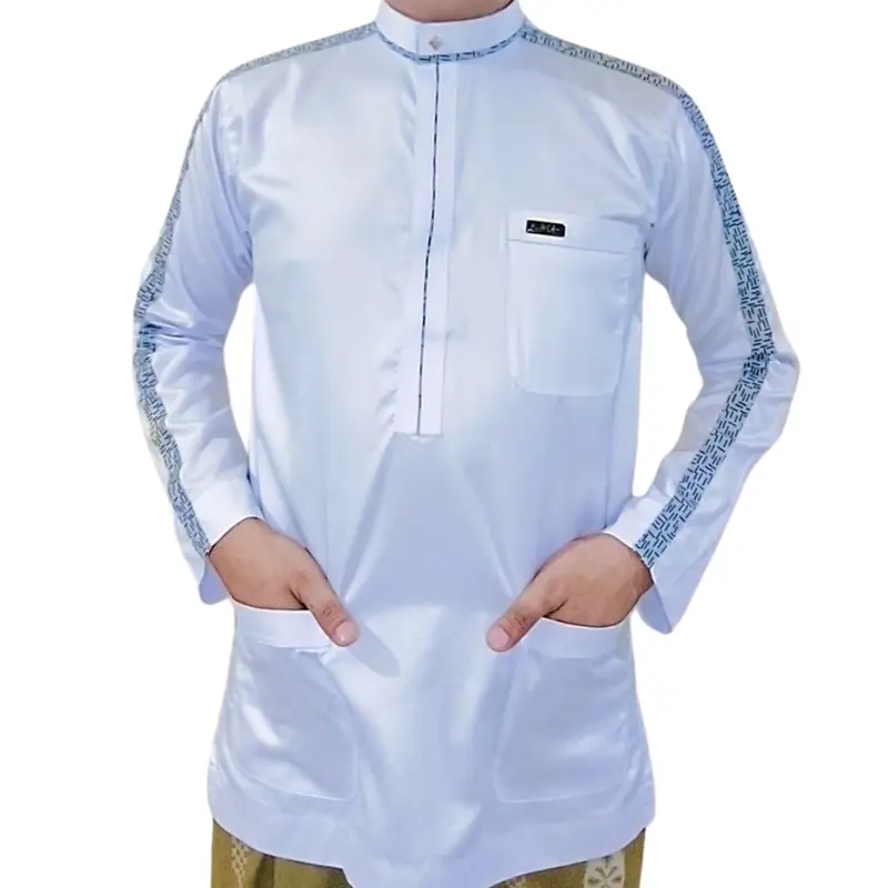 Baju koko Original Saudi Polyester Import lengan panjang putih les tangan abu bintik hitam / Baju Pria Muslim Elit, Mewah, Berkelas dan Berkualitas Alghin Exclusive 23 6